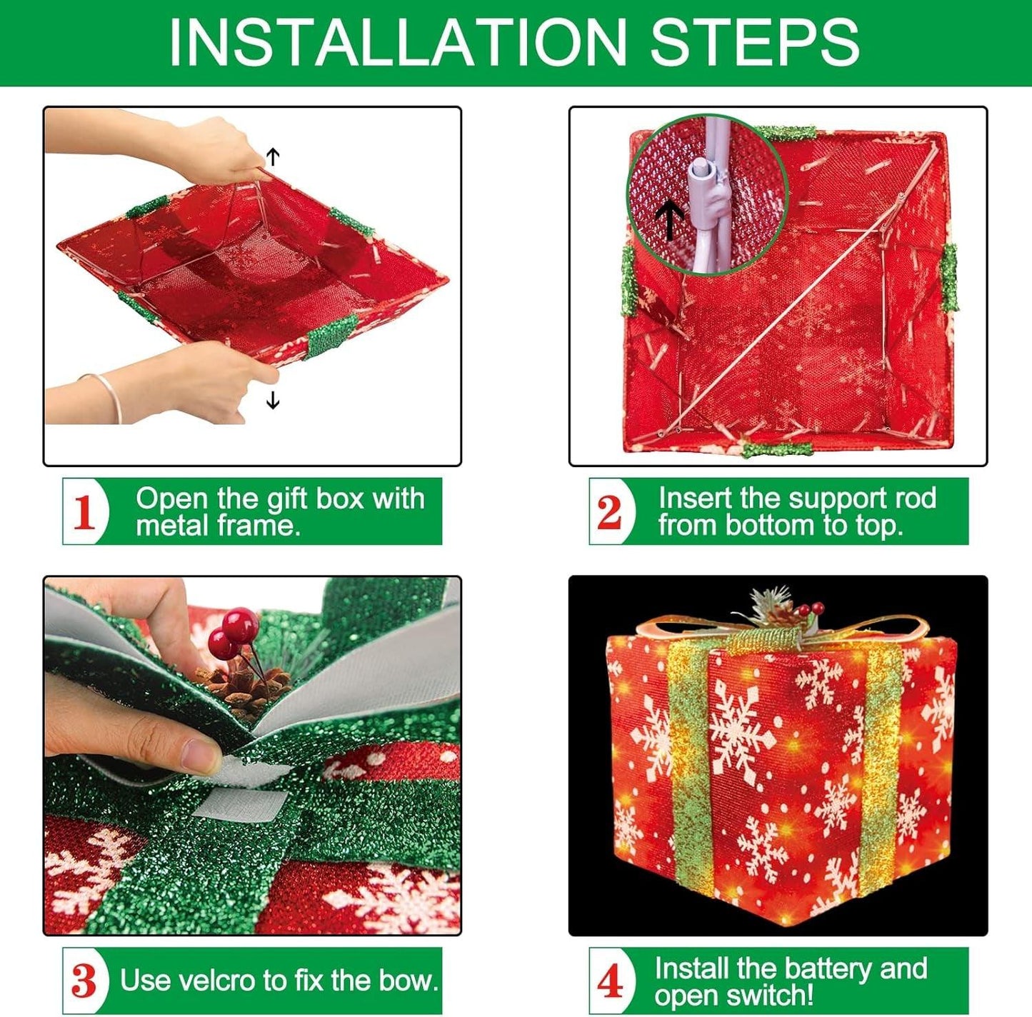 Christmas Decorations Lighted Gift Boxes Set of 3 Large, Pre-Lit 60 LED Light up Present Boxes with Snowflake Bow and Pinecones, Perfect for Christmas Home Indoor Christmas Tree Gift Box Decors - Big Ass Store