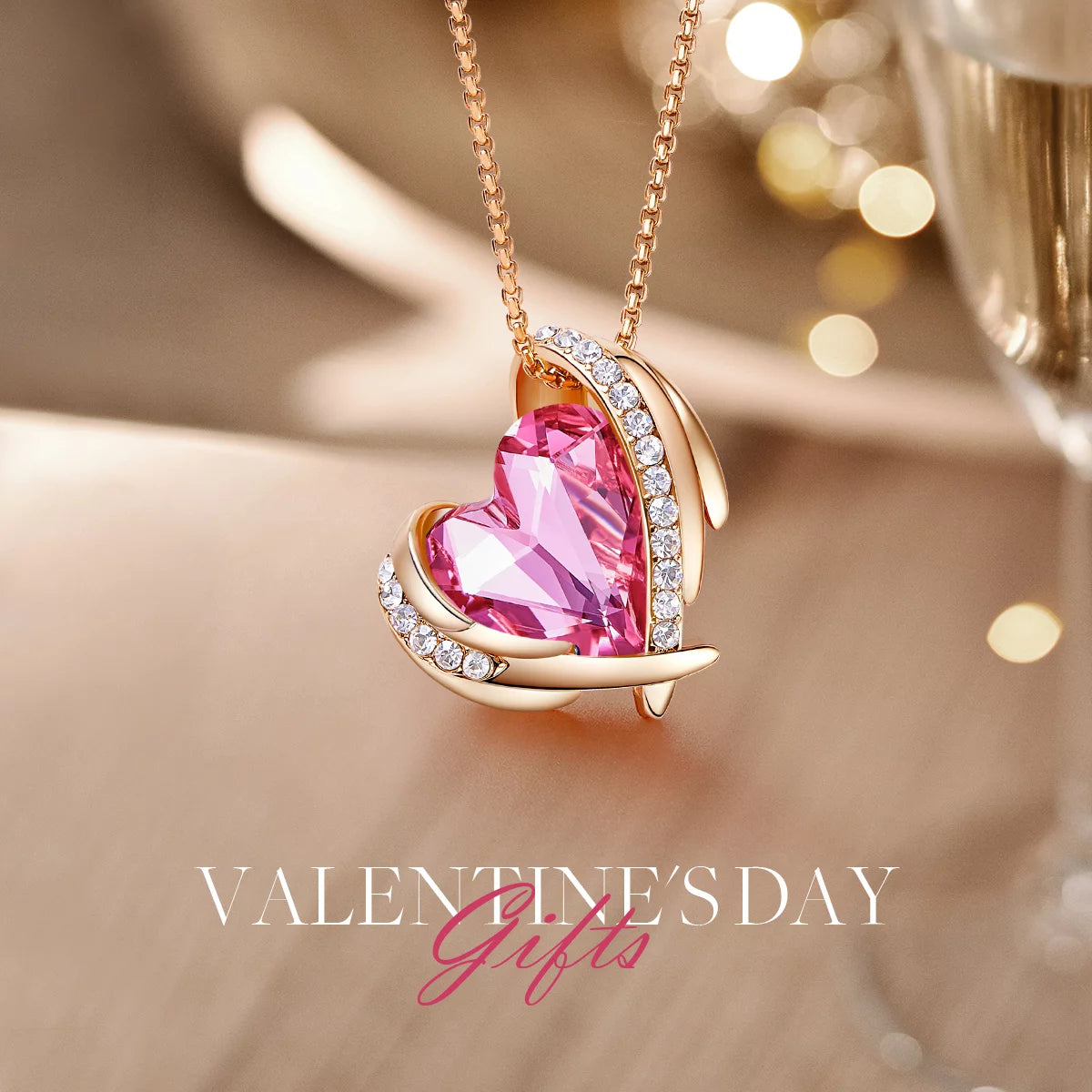 Heart Shaped Red Crystal Necklace, Rose Gold Plated, 17" +2" Length, Includes Gift Box - Big Ass Store