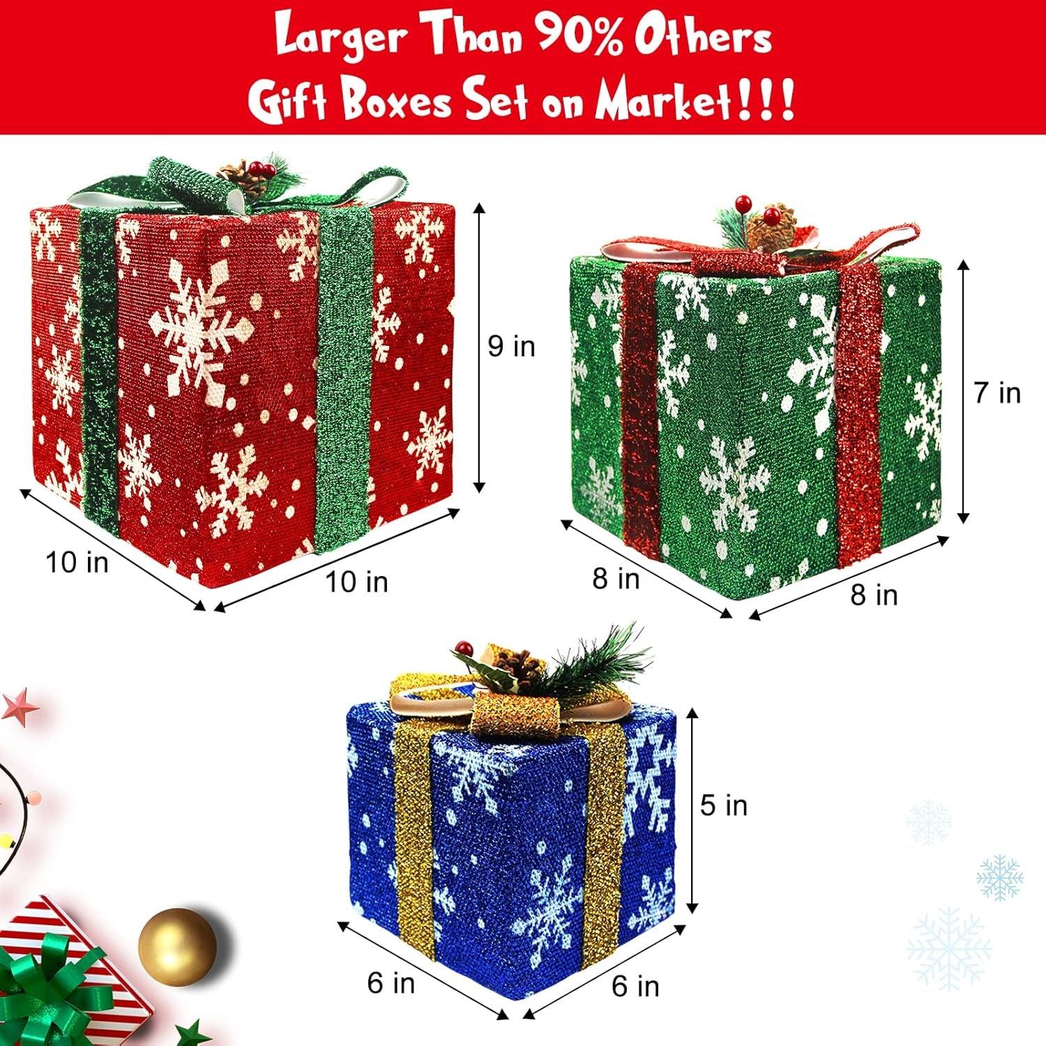 Christmas Decorations Lighted Gift Boxes Set of 3 Large, Pre-Lit 60 LED Light up Present Boxes with Snowflake Bow and Pinecones, Perfect for Christmas Home Indoor Christmas Tree Gift Box Decors - Big Ass Store