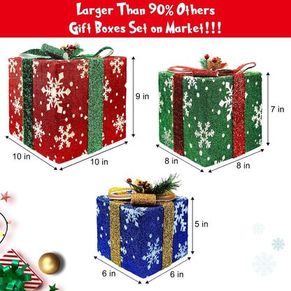 Christmas Decorations Lighted Gift Boxes Set of 3 Large, Pre-Lit 60 LED Light up Present Boxes with Snowflake Bow and Pinecones, Perfect for Christmas Home Indoor Christmas Tree Gift Box Decors - Big Ass Store