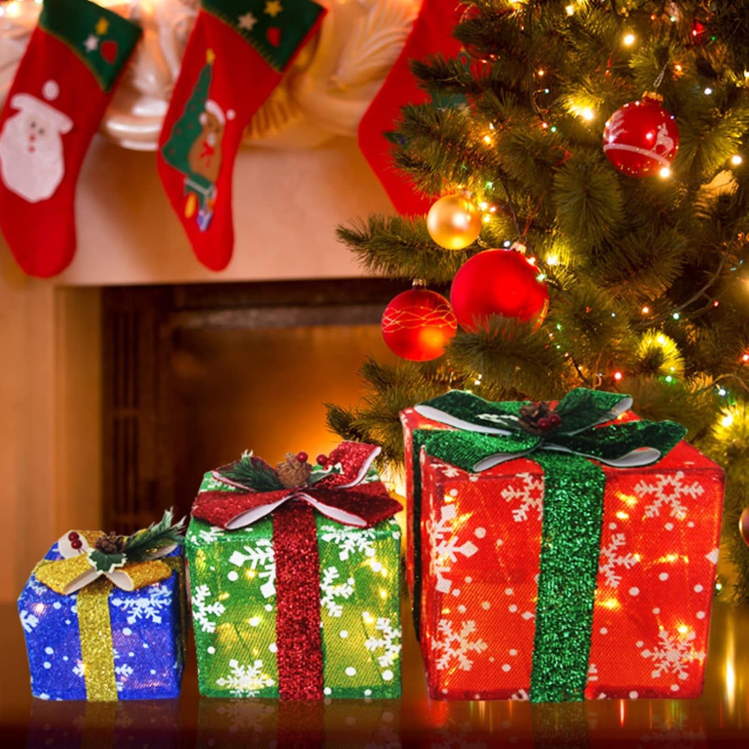 Christmas Decorations Lighted Gift Boxes Set of 3 Large, Pre-Lit 60 LED Light up Present Boxes with Snowflake Bow and Pinecones, Perfect for Christmas Home Indoor Christmas Tree Gift Box Decors - Big Ass Store
