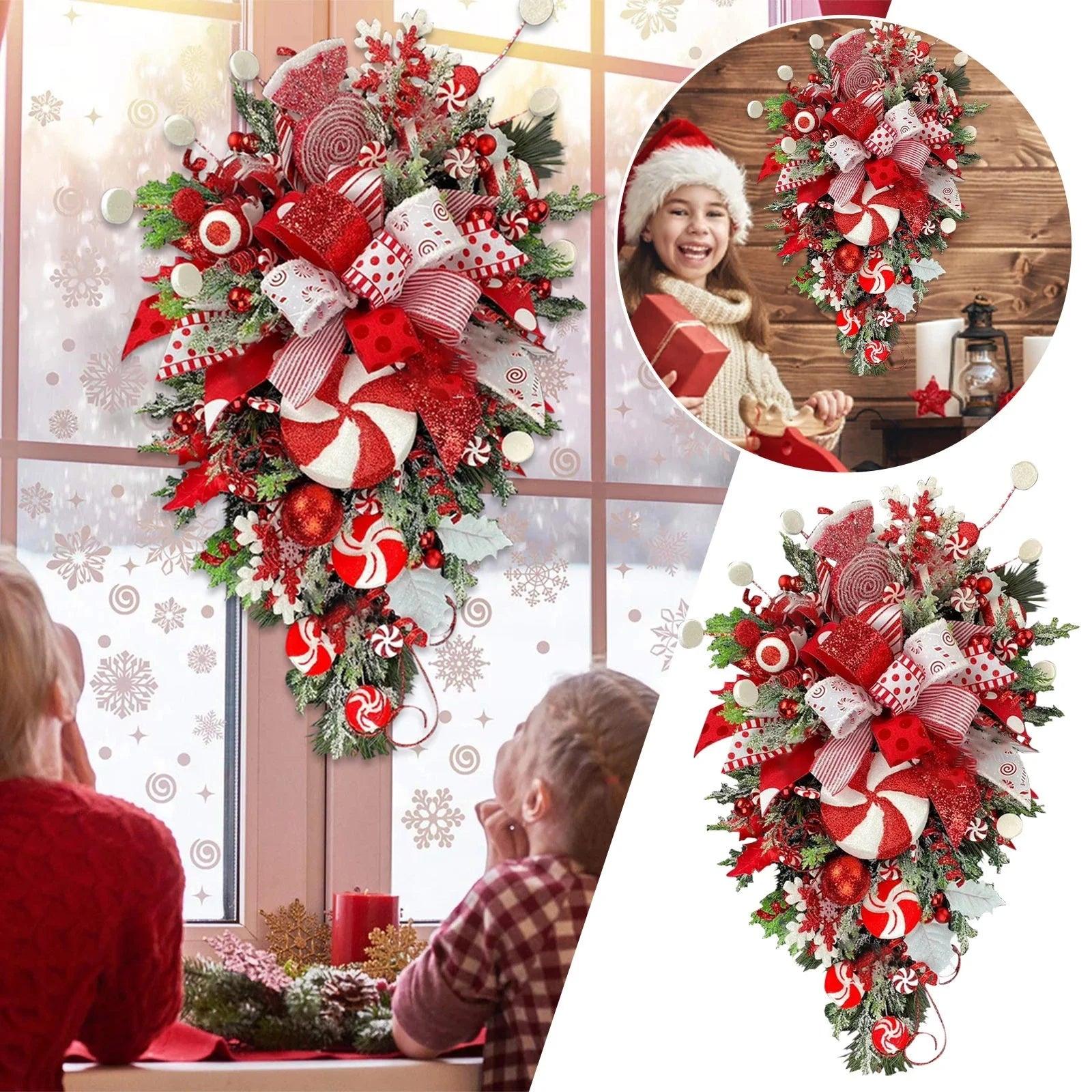 Festive 2PCS Candy Cane Christmas Wreath Set - Red & White Teardrop Swag with Ball Ornaments for Holiday Wall & Door Decor - Big Ass Store