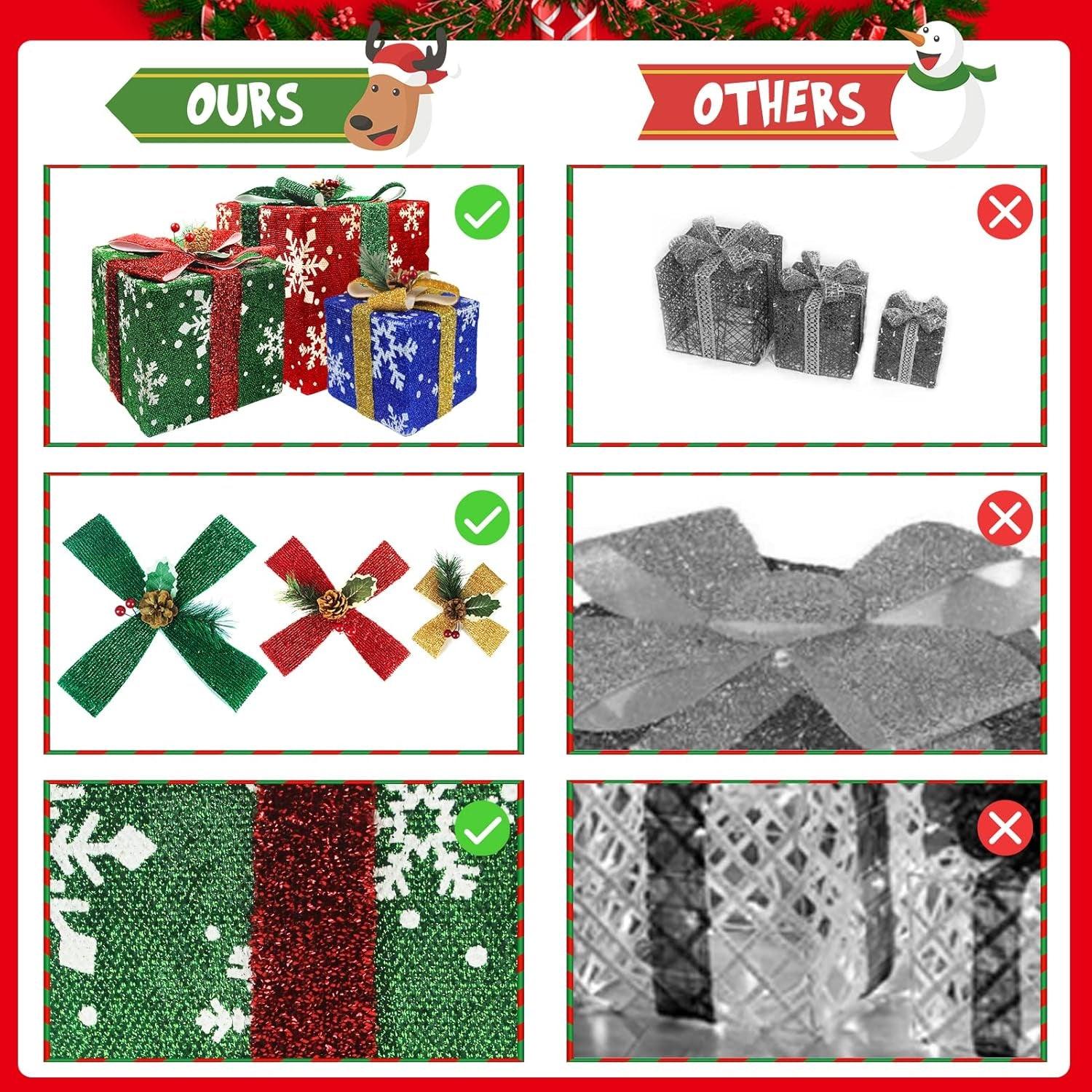 Christmas Decorations Lighted Gift Boxes Set of 3 Large, Pre-Lit 60 LED Light up Present Boxes with Snowflake Bow and Pinecones, Perfect for Christmas Home Indoor Christmas Tree Gift Box Decors - Big Ass Store