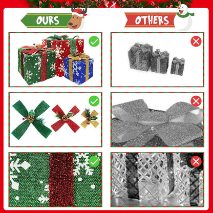 Christmas Decorations Lighted Gift Boxes Set of 3 Large, Pre-Lit 60 LED Light up Present Boxes with Snowflake Bow and Pinecones, Perfect for Christmas Home Indoor Christmas Tree Gift Box Decors - Big Ass Store