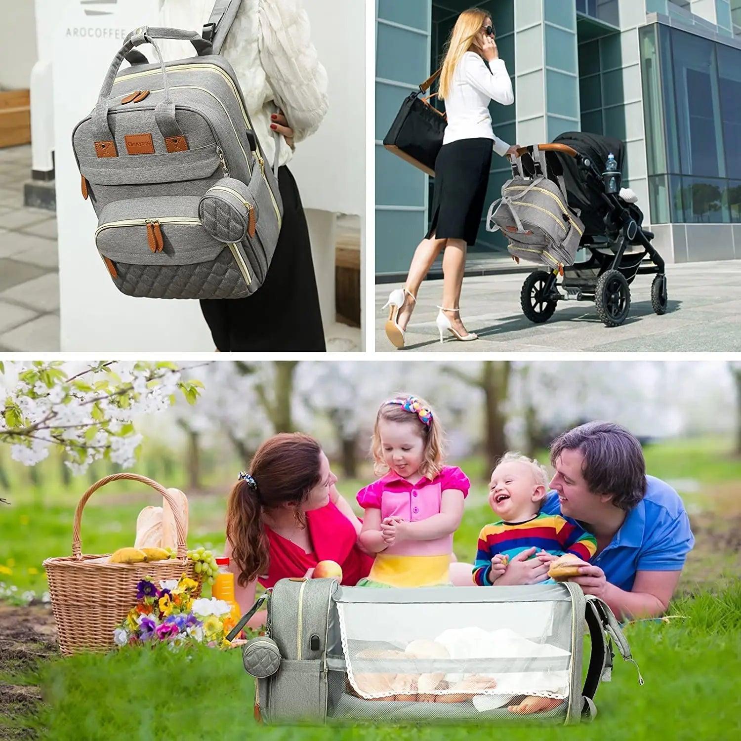 3 in 1 Waterproof Diaper Bag ,Backpack, Foldable Baby Bed, Bag with USB Charger - Big Ass Store
