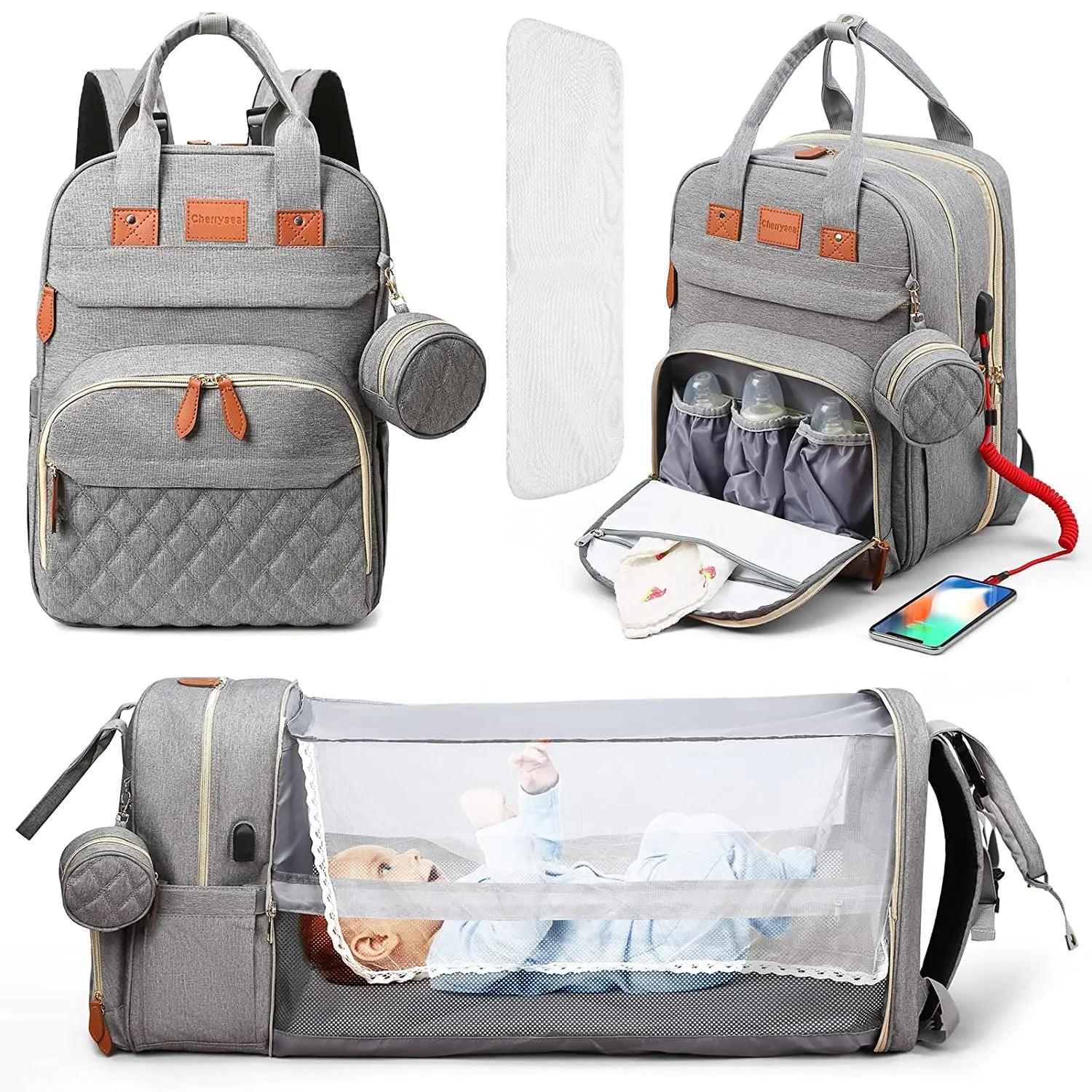 3 in 1 Waterproof Diaper Bag ,Backpack, Foldable Baby Bed, Bag with USB Charger - Big Ass Store