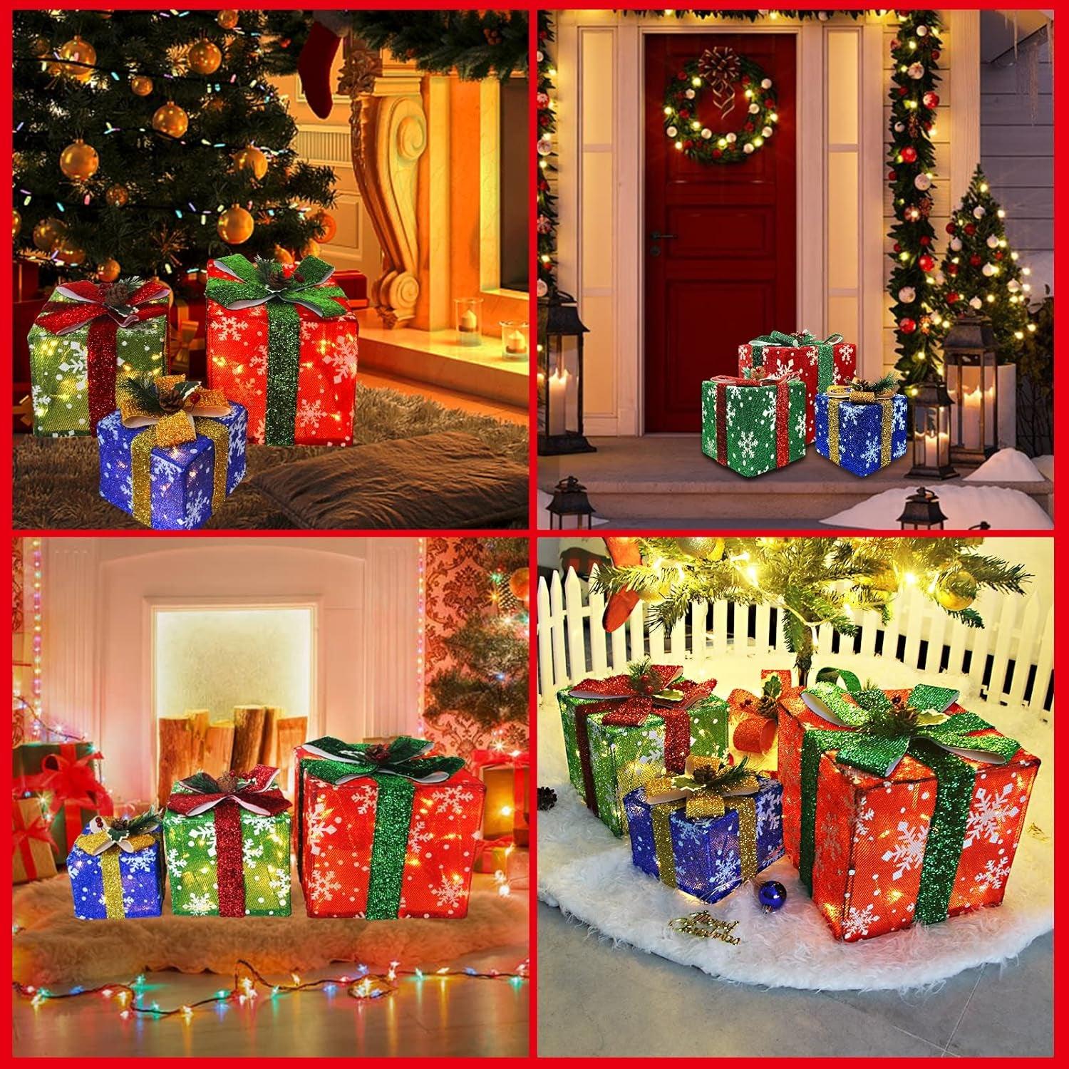 Christmas Decorations Lighted Gift Boxes Set of 3 Large, Pre-Lit 60 LED Light up Present Boxes with Snowflake Bow and Pinecones, Perfect for Christmas Home Indoor Christmas Tree Gift Box Decors - Big Ass Store